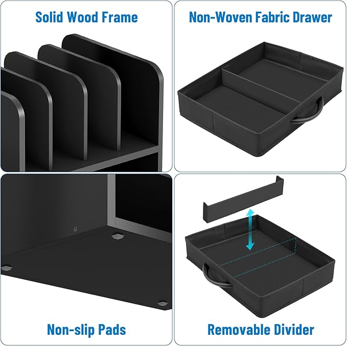 Desk File Organizer for Home, Office, School, Wooden Frame Desktop Storage Solution for Office Supplies, Documents, Papers, Folders and Stationery, Space-Saving and Stylish Document Sorter