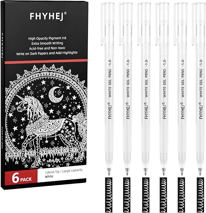 Fhyhej White Gel Pens,1mm, Fine Point Opaque White Archival Ink Pen for Black Paper Drawing, Sketching, Illustration, Bullet Journaling, Pack of 6