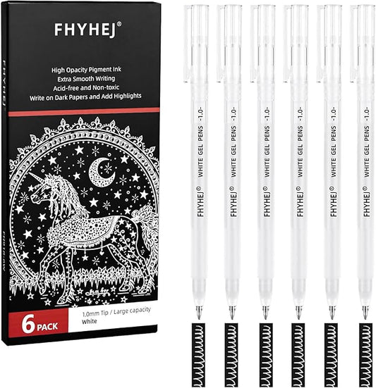 Fhyhej White Gel Pens,1mm, Fine Point Opaque White Archival Ink Pen for Black Paper Drawing, Sketching, Illustration, Bullet Journaling, Pack of 6