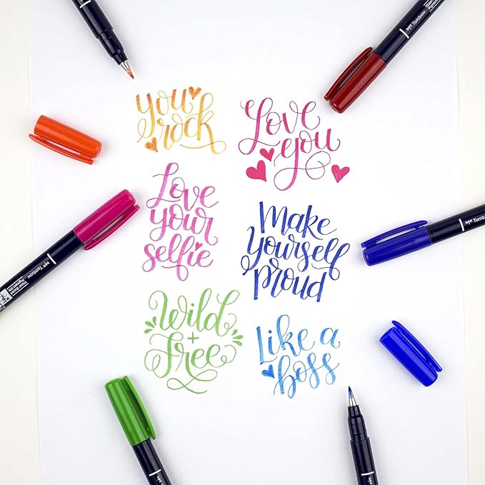 Tombow 56429 Fudenosuke Colors Brush Pens, 10-Pack. Hard Tip Fudenosuke Brush Pens in Assorted Colors for Calligraphy and Art Drawings