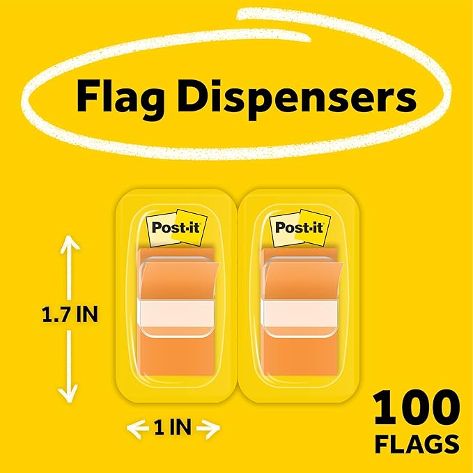 Post-it Flags, 1 in. x 1.7 in., Two Dispensers with 50-Count Orange Sticky Tabs Per Dispenser (100 Flags Total), Removable Page Markers for Planners, Journals, and Calendars