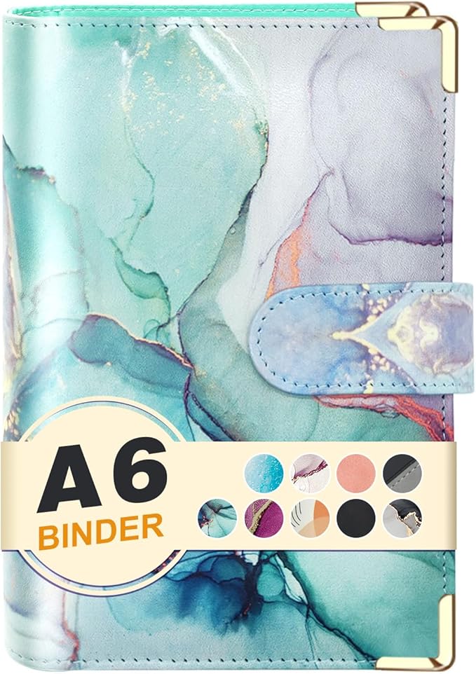 A6 Refillable 6 Ring Faux Leather Budget Binder,Mini Notebook Binder Cover for A6 Filler Paper,Loose Leaf Personal Planner Cover with Magnetic Buckle Closure (Marble Green)