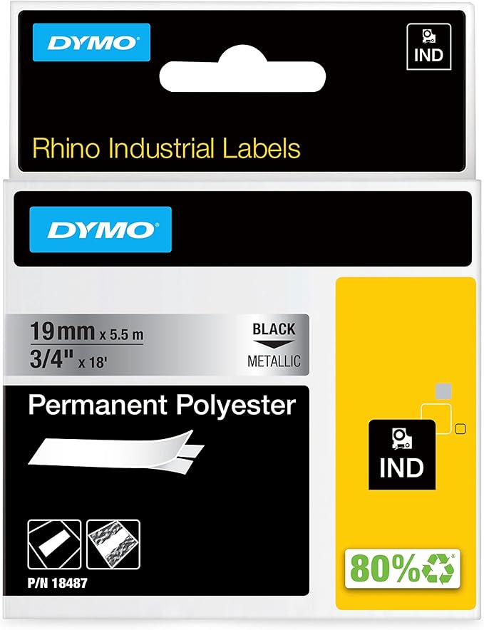 DYMO Rhino Industrial Permanent Polyester Labels, 3/4", Black Print on Metallic Tape