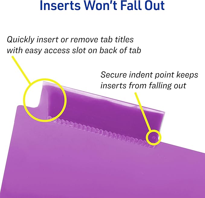 Avery Insertable 8 Tabs Plastic Divider for 3 Ring Binders with Pocket, Works with Sheet Protectors, 3 Sets (8 Colors)