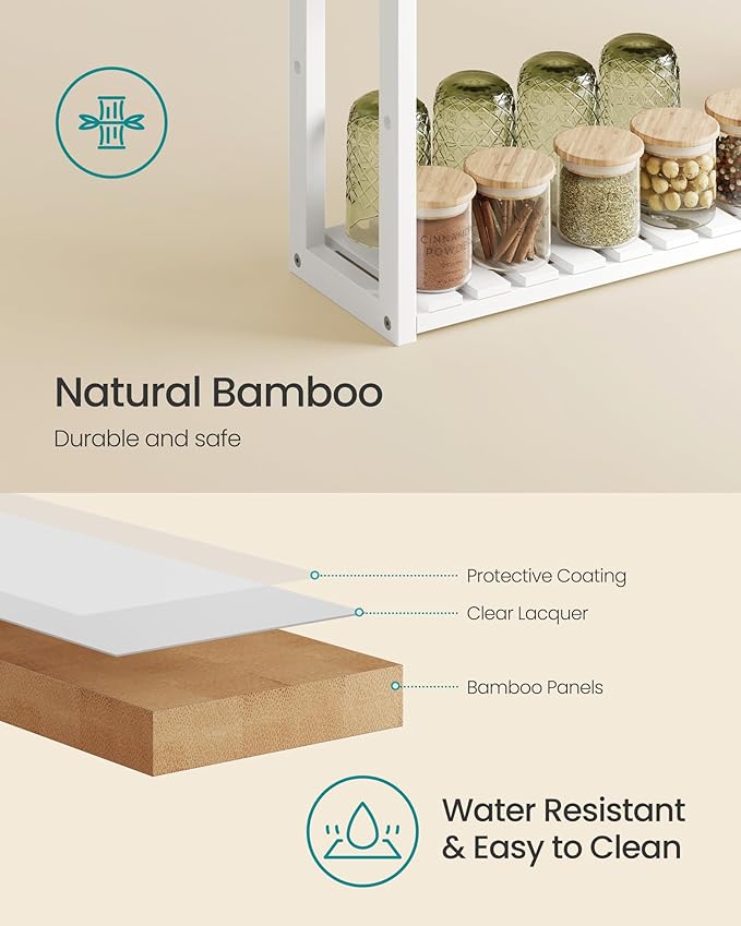 SONGMICS Bamboo Bathroom Shelf, 3-Tier Adjustable Plants Rack, Wall-Mounted or Stand, in The Living Room, Balcony, Kitchen, 5.9 x 23.6 x 21.3 Inches, Cloud White UBCB13W