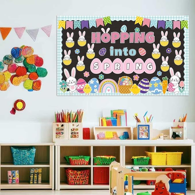 Spring Easter Bulletin Board Set Easter Bunny Eggs Bulletin Board Classroom Decorations Hopping into Spring Cutouts for Teacher Classroom School Office Chalkboard Wall Home Decor