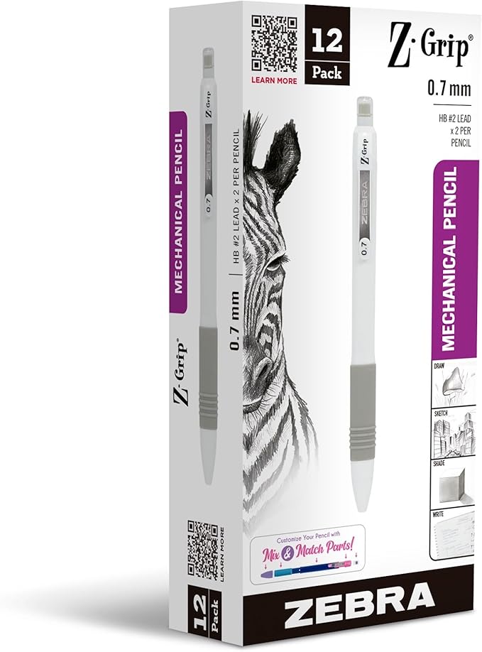 Zebra Pen, Z-Grip Mechanical Pencil, Smooth Writing, Latex-Free Grip, 0.7mm Lead, #2 HB, Lead & Eraser Pre-Loaded, for School, Office, Everyday Use, Refillable, White Opaque Barrel, 12-Pack, (50400)