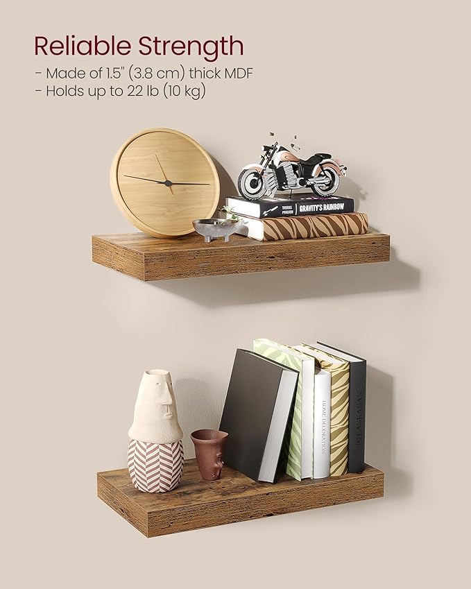 VASAGLE Wall Shelves Set of 2, Floating Shelves, Wall Mounted, 8 x 15.7 x 1.5 Inches, Display Shelves for Picture Frames, Wall Decor, Hanging Shelf for Living Room, Kitchen, Rustic Brown ULWS054B01