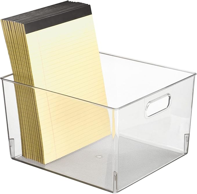 mDesign Plastic Stackable Bin Storage Organizer Basket Container with Handle for Home Office, Kitchen Cabinet, Pantry Shelf Organization - Holds Notebook, Books, Food - Ligne Collection, 4 Pack, Clear
