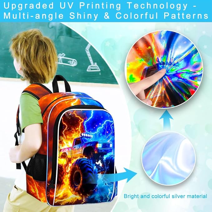 gxtvo 3PCS Kids Truck Backpack for Boys, 17" Boys Bookbag with Lunch Box, Water Resistant Middle Elementary School Bag - Fire & Lightning Truck