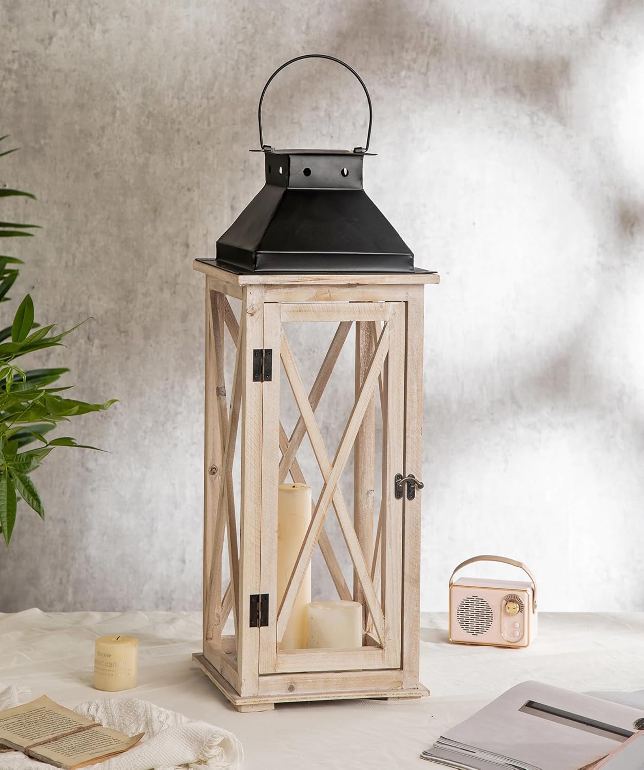 TIMRIS Large Wooden Candle Lanterns Decorative Set of 2, Rustic Farmhouse Whitewash Floor Lanterns, Indoor/Outdoor Hanging Lanterns for Home Decor (No Glass)