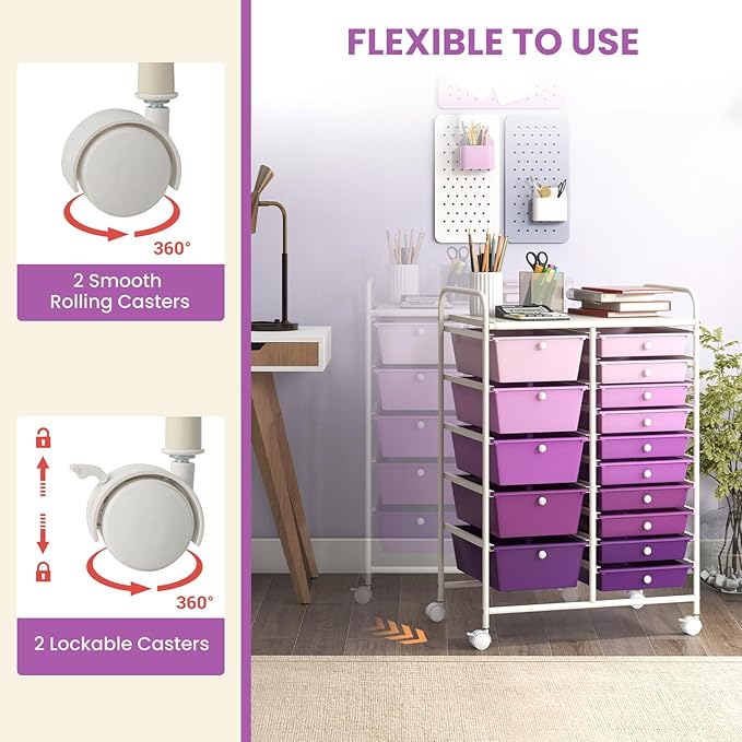 COSTWAY 15 Drawer Rolling Storage Cart, Mobile Utility Cart with Lockable Wheels, Drawers, Multipurpose Organizer Cart for Home, Office, School, Gradient Purple