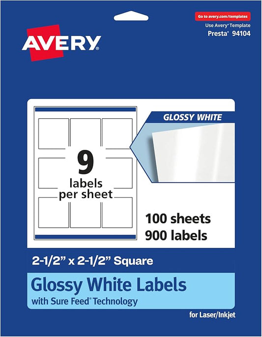 Avery Glossy White Square Labels, Sure Feed Technology, 2.5" x 2.5", 900 Glossy White Labels, Permanent Adhesive, Laser/Inkjet Printable