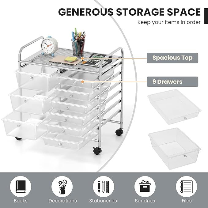 COSTWAY Rolling Storage Cart with 9 Drawer, Mobile Utility Cart with Metal Frame, Art Supply Craft Organizer, Multipurpose Storage Organizer for Paper, Office, School Teacher, Classroom, Transparent
