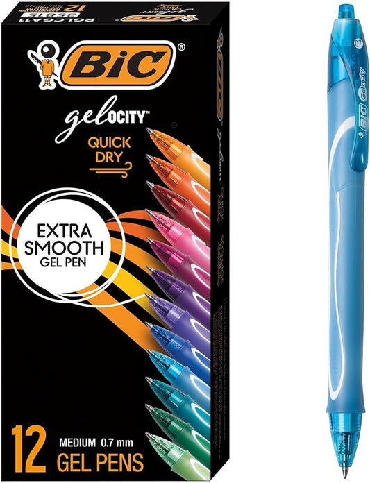 BIC Gelocity Quick Dry Retractable Gel Pens with Medium Point and Comfortable Grip, 12-Count in Assorted Ink