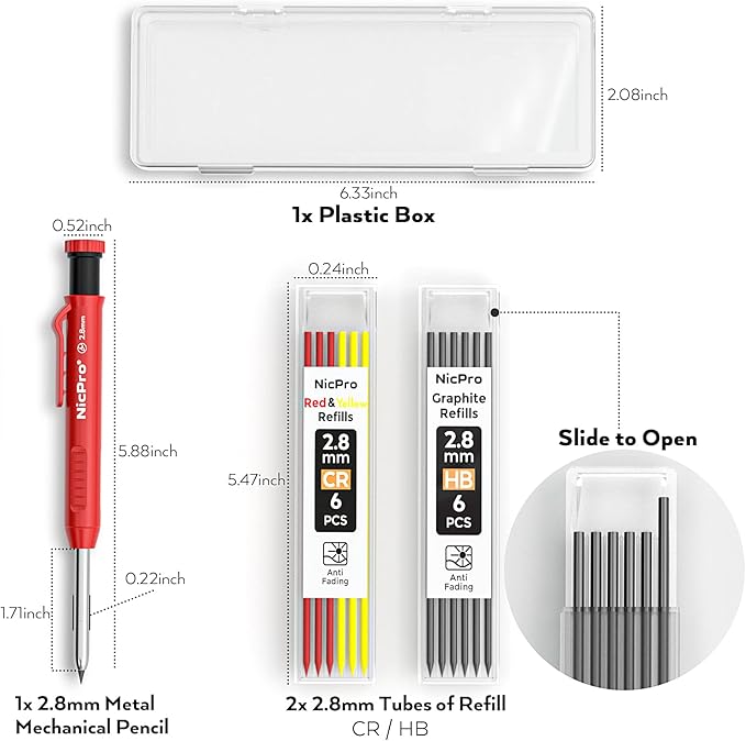 Nicpro CP1000 Carpenter Pencil with Sharpener, 2.8 mm Mechanical Pencils with 13 Refills, Deep Hole Marker for Construction, Heavy Duty Woodworking Pencil, Carpenter Tools for Architect Marking