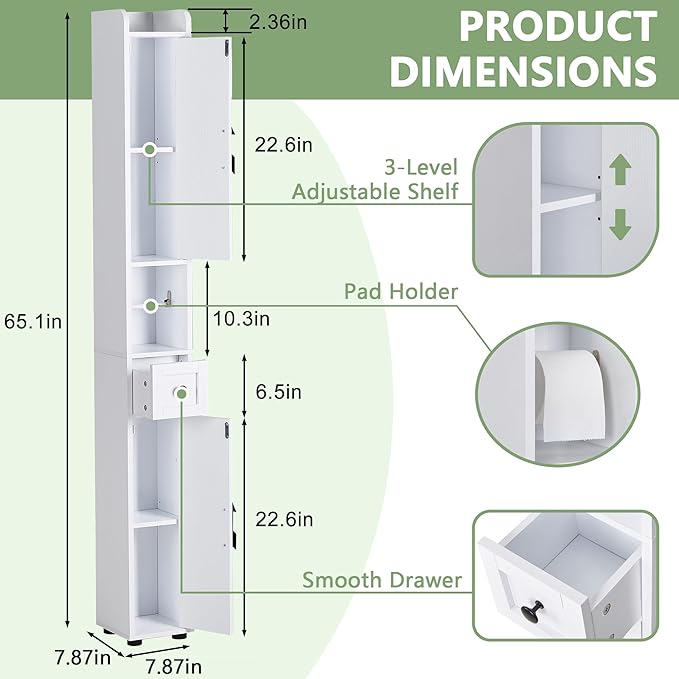 VECELO Narrow Bathroom Storage Cabinet with Adjustable Shelves, 67" Tall Freestanding Cabinet with Toilet Paper Holder, Slim Tower Cabinet with Two Magnetic Doors & Drawer, for Small Spaces, White