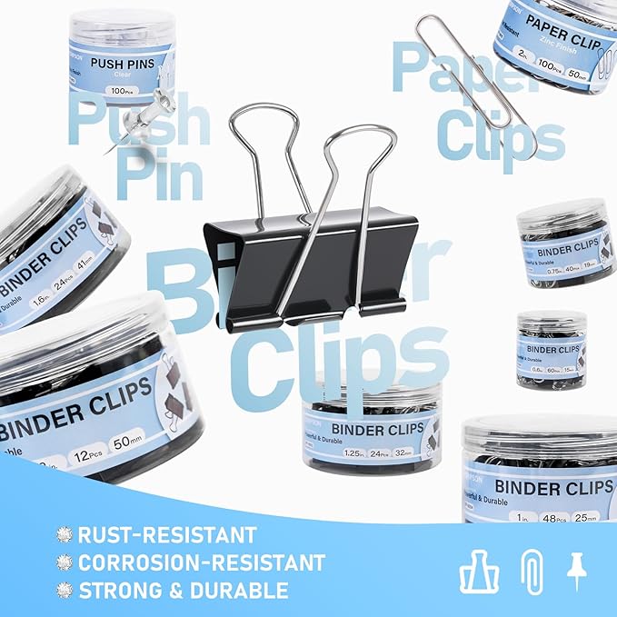 408 PCS Binder Clips Paper Clamps Assorted Sizes and Push Pins, Binding Paperwork Clamp Bulk, School Teachers Office Supplies (Black)
