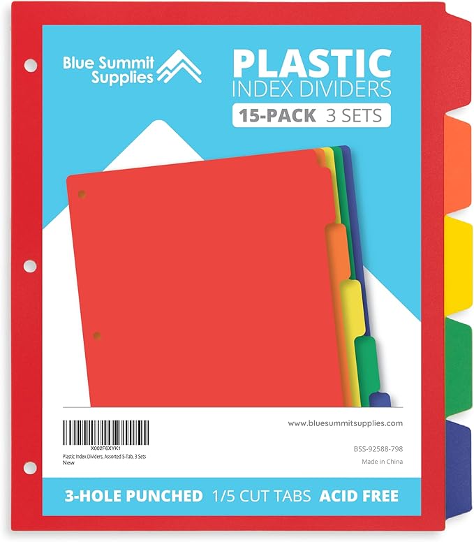 Blue Summit Supplies 5 Tab Heavy Duty Plastic Dividers for 3 Ring Binder, 15 Pack, Assorted Colors, 5 Tab Index Plastic Binder Dividers with Tabs and 3 Hole Punch, for Notebooks, Letter Size
