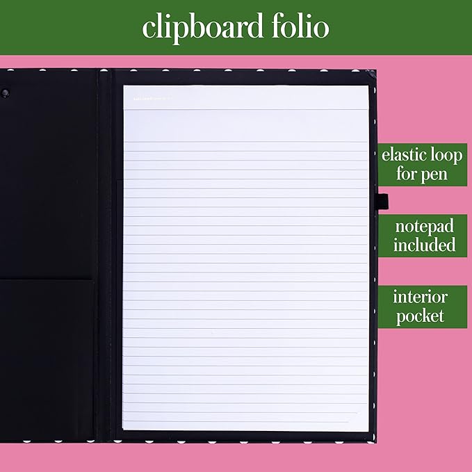 Kate Spade New York A4 Clipboard Folio with Low Profile Clip, Black Professional Padfolio Includes Lined Notepad, Pen Loop, and Pocket, Polka Dots