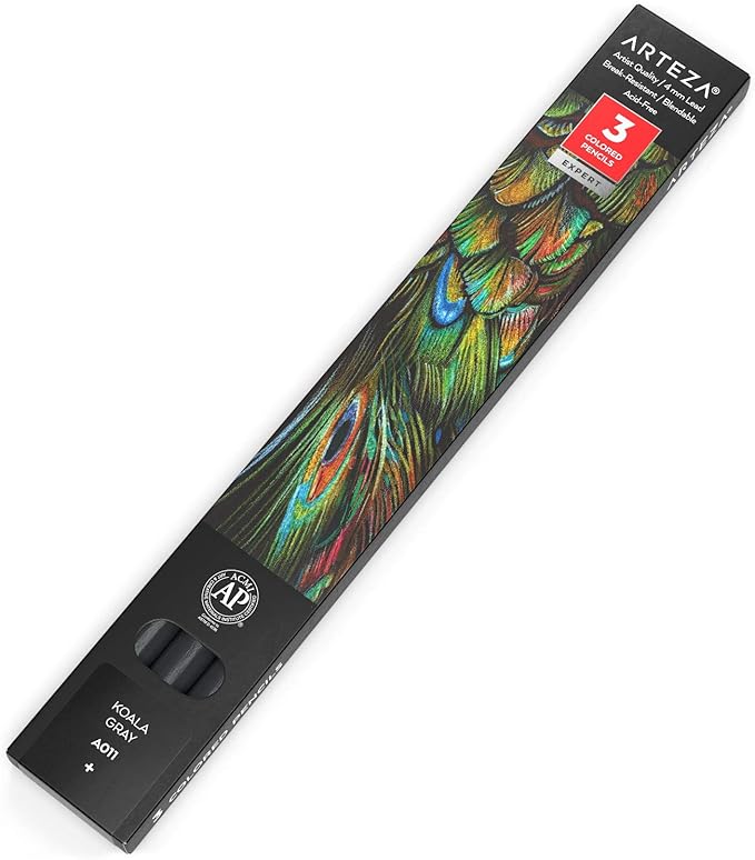 Arteza Colored Pencils, Pack of 3, А011 Koala Grey, Soft Wax-Based Cores, Ideal for Drawing, Sketching, Shading & Coloring