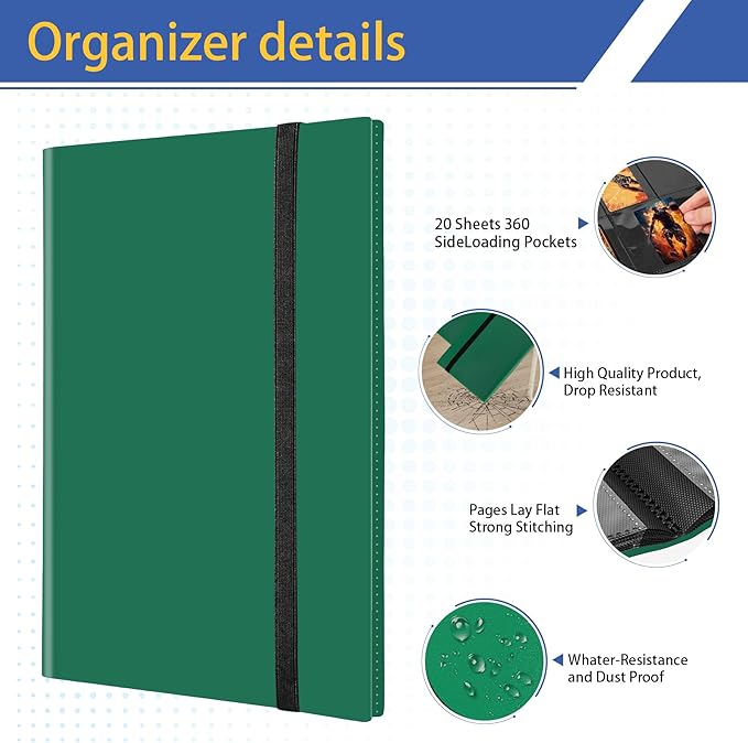 Premium Card Binder 9 Pocket, Premium Card Book for 360 Cards, Sturdy Card Album for Collectible Cards, Side-Loading Card Collection Folder for TCG, Other Game Cards, Sport Cards，Green