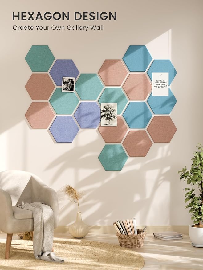 Fluxynara Hexagon Cork Board Alternative for Walls Decor-8-Pack Felt Bulletin Board Tiles,with 30 Pushpins,50 Adhesive Tabs for Office& Home Pin Board Felt Board-Coastal Haze