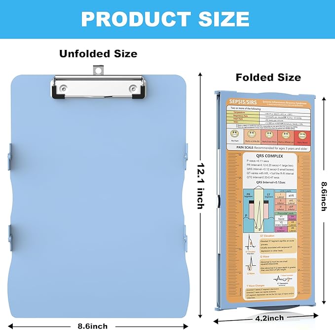 Nursing Clipboard Foldable Aluminum, 3 Layers Foldable with Edition Cheat Sheets, Trifold Nurse Clipboard Pocket Size, Nursing Essentials for Nurses Students, Blue