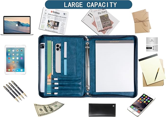 AZXCG Embossed Portfolio Binder,3-Ring Zipper Padfolio for Women and Men,A4/Letter Size,PU Leather with iPad,Professional Organizer for Resume/Interview