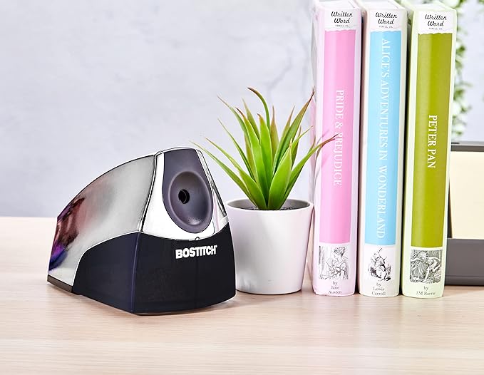 Bostitch Office Electric Pencil Sharpener, Heavy Duty Powerful Stall-Free Motor, High Capacity Shavings Tray, Chrome Metallic