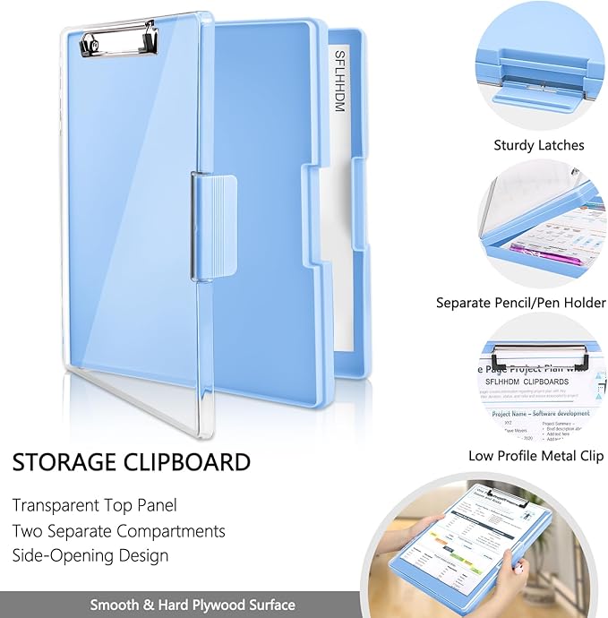 SFLHHDM Clipboard with Storage,Heavy Duty Clip Boards 8.5x11 with 2 Storage Case,Clear Visible Panel Storage Clipboards,Side Opening Nursing Clipboard Folder for Office Supplies-Aqua Blue
