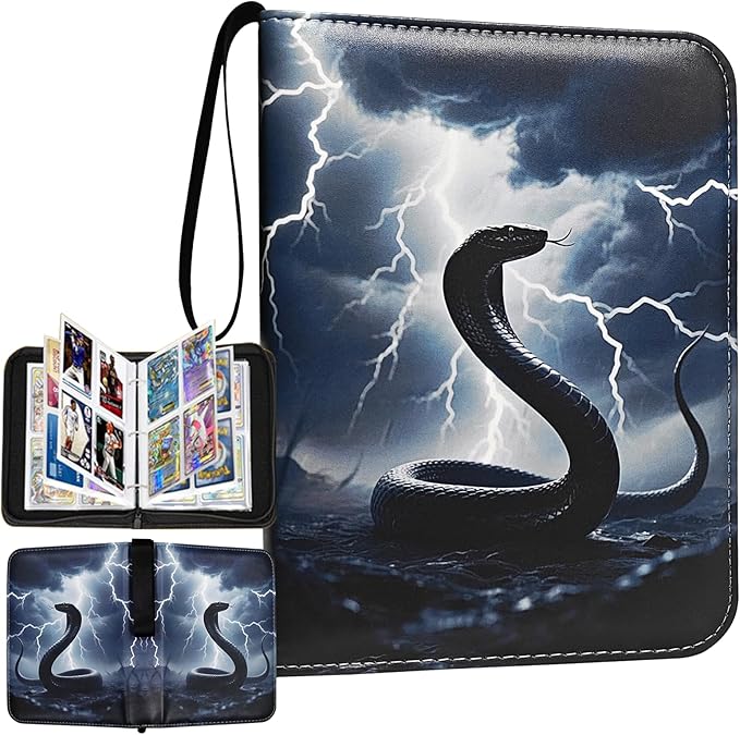 Trading Card Binder, Premium 4-Pocket Album with 400 Removable Side-Loading Sleeves, PU Waterproof, Cool Black Serpent Cover, Gray Holder for Game, Sports, Business, and Coupon Cards