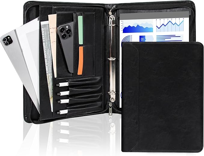 AZXCG Zipper Portfolio Padfolio Binder,3-Ring Padfolio for Women and Men,A4/Letter Size, PU Leather with iPad,Professional Organizer for Resume/Interview