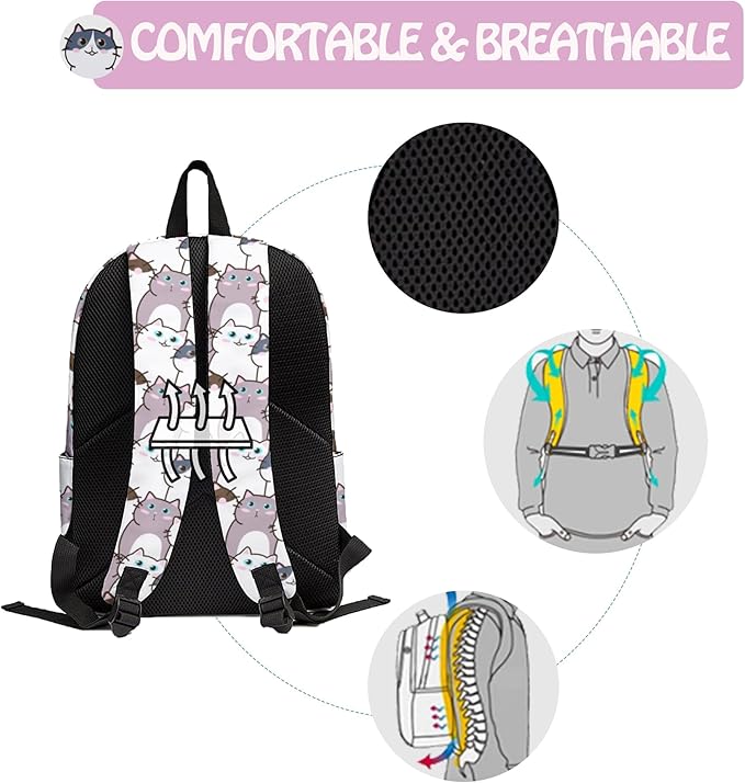Cat Cute 3PCS Backpack Set for Teens Elementary Middle High School, 17 Inch Lightweight Classic Backpack 3 in 1 Set for Girls Boys, Kids Back to School Backpack with Lunch Box Pencil Case