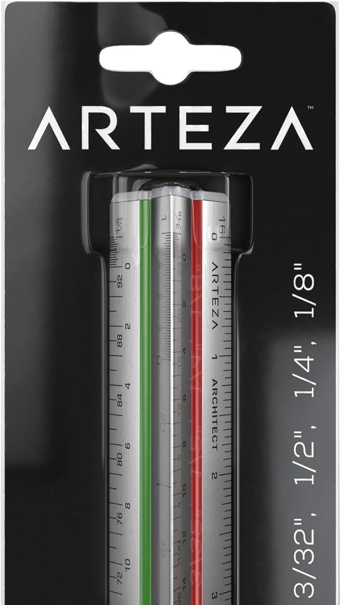 ARTEZA Architectural Scale Ruler – 12-Inch Triangular Ruler, Anodized Aluminum Tool with Laser-Etched Markings for Blueprints & Tech Drawings