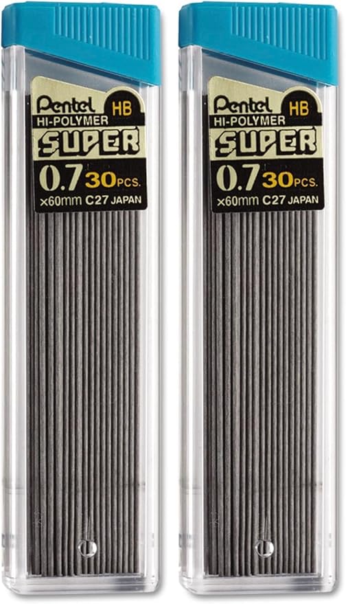 Pentel Super Hi-Polymer Lead Refill 0.7 mm Medium, HB, 30 Pieces of Lead (C27BPHB-K6) (Pack of 2)