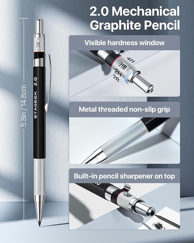 Mechanical Pencil Set with Case 34 Count, Drawing Pencils 0.5, 0.7, 0.9MM & 3PCS 2MM Sketching Pencils with 384PCS Lead Refills (6B 4B 2B HB 2H 4H Color) for Artist Drafting Drawing Writing