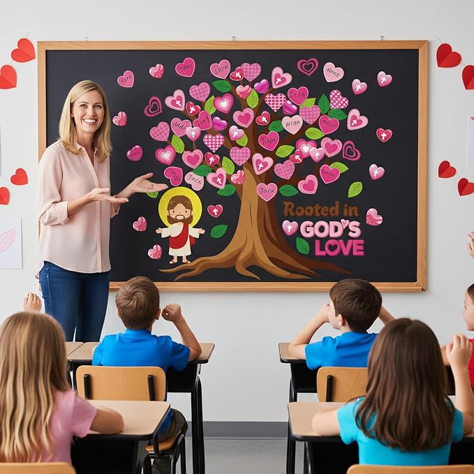 Valentines Day Bulletin Board Decorations - Aposwow Christian Jesus Classroom Decorations Set Pink Love Heart Paper Cutouts Bulletin Board Decor Door School Office Wall Decor Supplies
