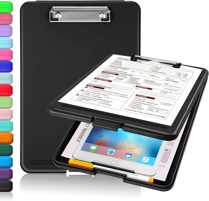 Sooez Clipboard with Storage, Plastic Storage Clipboards with Low Profile Clip, Nursing Clip Boards Foldable, Hanging Clipboard Case for Work, Teacher, Classroom Must Haves, Office School Supplies