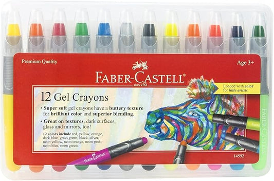 Faber-Castell Gel Crayons: 12 Jumbo Gel Crayons in Durable Storage Case: Toddler Art Supplies for Coloring and Kids Drawing, Arts and Crafts for Kids Ages 3-4+