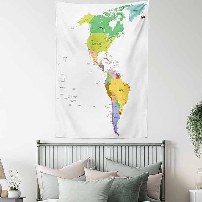 Ambesonne Map Tapestry Queen Size, Map of South and North America with Countries Capitals and Major Cities Colorful Design, Wall Hanging Bedspread Bed Cover Wall Decor, 88" X 88", Green White