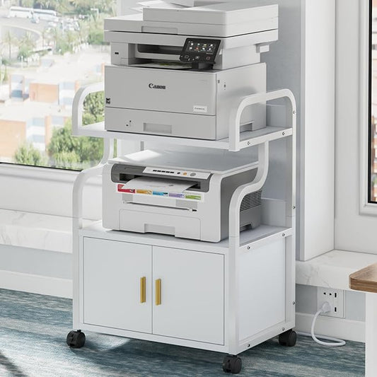 VECELO Large Printer Stand with Power Outlet, 3-Tier Rolling File Cabinet with Lockable Wheels, Heavy Duty Utility Table for Home Office, 18.9"x23.6"x30.2", White