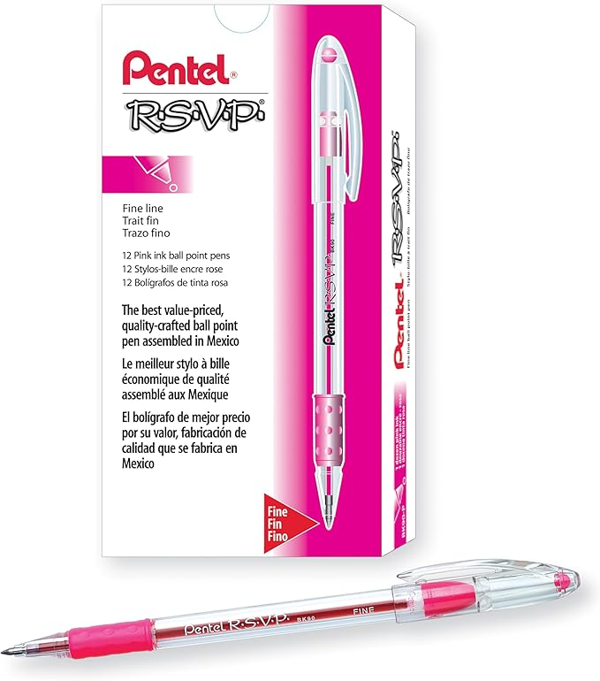 Pentel RSVP Ballpoint Pen, (0.7mm) Fine Line, Pink Ink, Box of 12 (BK90-P)