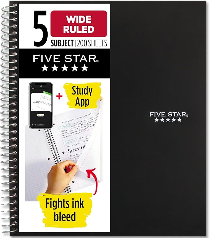 Five Star Spiral Notebook + Study App,5 Subject,Wide Ruled Paper,8" x 10-1/2",200 Sheets,Fights Ink Bleed,Water Resistant Cover,Black (72045),(Pack of 6)