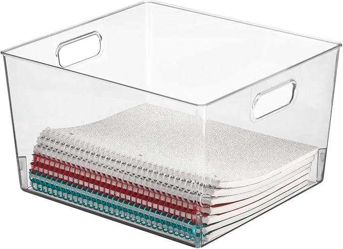 mDesign Large Plastic Office Storage Organizer Container Bin with Handles - Basket for Cabinet, Cupboard, Desk, Closet and Shelf Organization - Holds Notebook, Books - Ligne Collection, 8 Pack, Clear