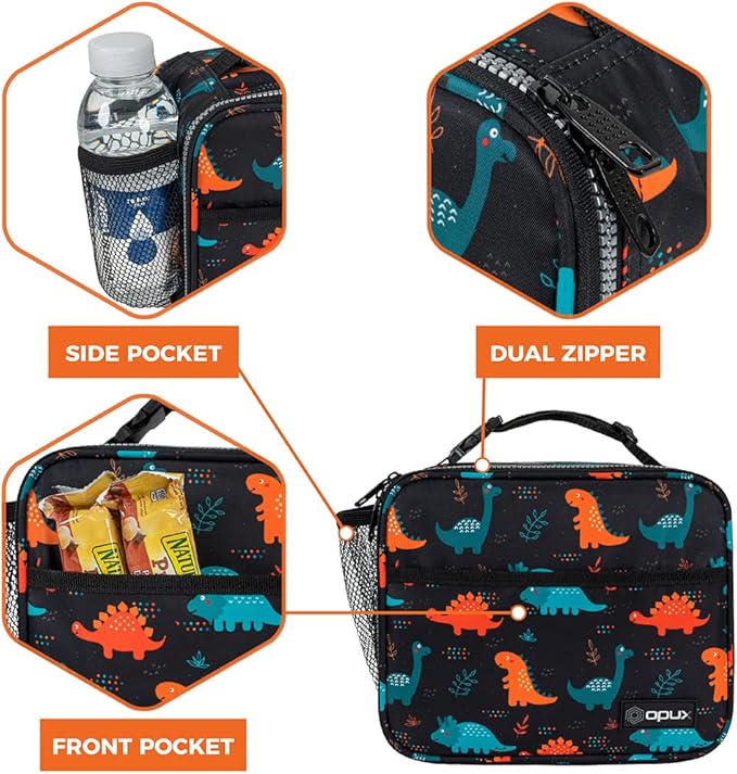 opux Insulated Lunch Bag Kids, Lunch Box for School Boy Girl, Leakproof Small Reusable Compact Soft Mini Cooler Bag, Toddler Small Lunch Boxes Kit Pail with Front Side Pockets (Dinosaur)