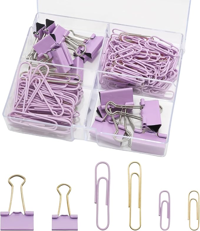 Paper Clips Binder Clips Combo Set, Assorted Size, 155 Pcs, Office Supplies Set for Office, School and Home(Purple)