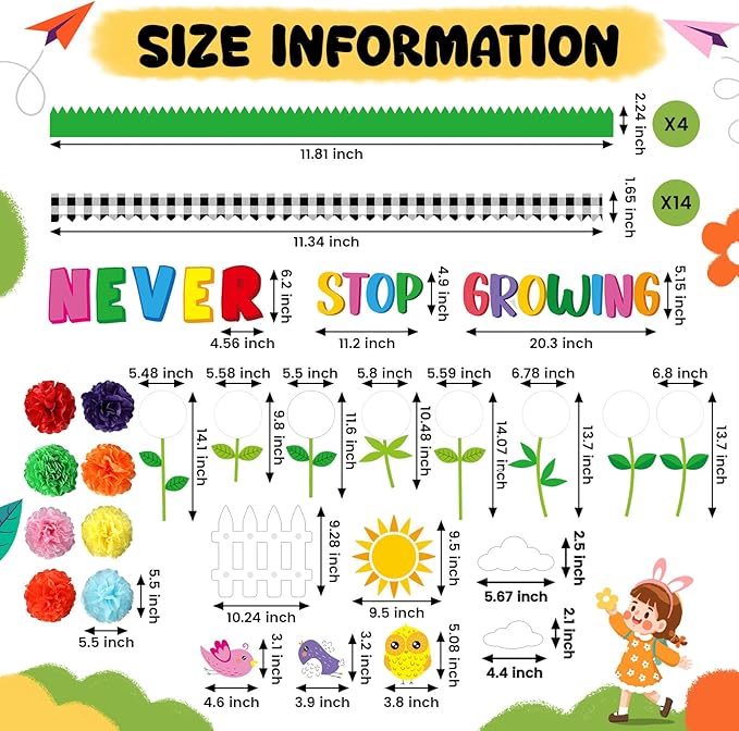 Spring Bulletin Board Decorations Set March Flowers Bulletin Board with 3D Paper Floral Cutouts Classroom Decorations Back to School Wall Decor Party Favor(Never Stop Growing)