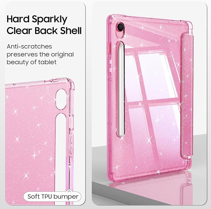 Fintie Slim Case for Samsung Galaxy Tab S10 Lite/ S10 FE/ S9 FE 5G 10.9 Inch/Tab S9 11 Inch with S Pen Holder, Glittering Sparkly Shockproof Cover with Shiny Clear Back Shell, Auto Wake/Sleep, Pink