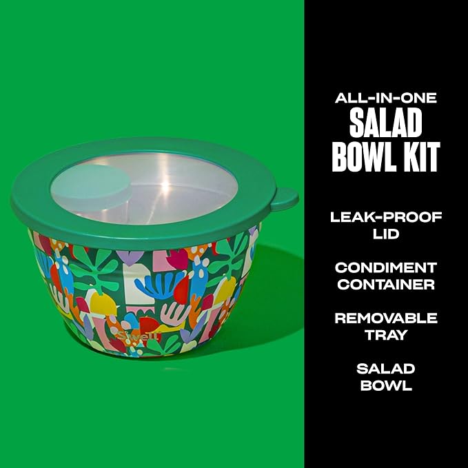 S’well Stainless Steel 64oz Salad Bowl Kit, Paper Cutouts Design, Includes 2oz Mini Canister and Removable Tray, Leakproof, Easy to Clean, Dishwasher Safe